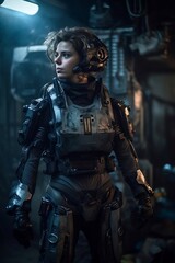 Wall Mural - A cyberpunk beautiful woman pilot, clad in an advanced exoskeleton suit. generative AI