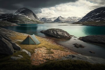 Wall Mural - Incredible natural scenery at Finse, Norway, with several rock formations and a tent. Generative AI