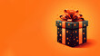 schwarzes Geschenk mit orangener Schleife auf orangenem Hintergrund. Querformat. Generative Ai.