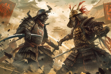 illustration of two samurai. Medieval japanese warriors. AI generated