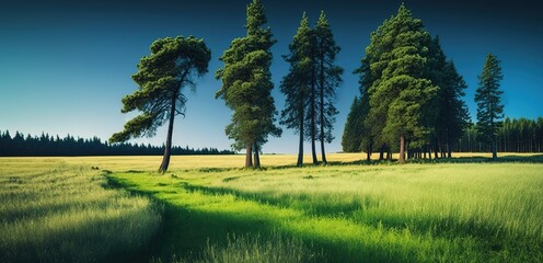 Wall Mural - Gorgeous landscape image with lush grassland and towering pines against a blue sky. Generative AI
