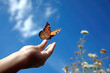 canvas print picture - Schmetterling fliegt von einer Hand los - Generative AI