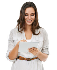 tablet, scroll and happy woman isolated on transparent, png background for online planning, software