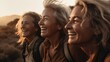 © Andrea - Fictional person. Group of retired aging elderly senior baby boomer women getting fit in retirement, exercising, and general wellness outdoor activities. Hiking nature walks. Laughing, happy.