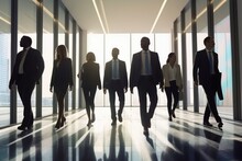 Group Of Business People Walking Side By Side Together In Office With Tall Large Windows, Elite Business Suit High Rank Society Discussion, Generative Ai