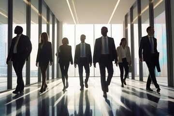 group of business people walking side by side together in office with tall large windows, elite busi