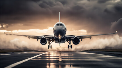 Wall Mural - Commercial airliner taking off from a runway, with engines roaring and contrails forming behind. Dramatic sky and sense of speed, capturing the excitement and thrill of air travel