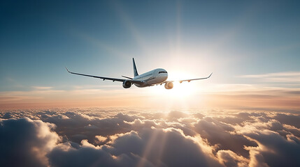 Wall Mural - Passenger airplane soaring through a clear blue sky with fluffy white clouds, showcasing the majestic beauty of aviation. Sun rays casting a golden glow on the aircraft's wings, and a sense of freedom