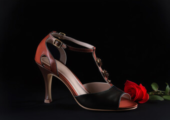 Canvas Print - Black tango shoes, high heel stilettos on a black background decorated with rose flowers. AI generative.