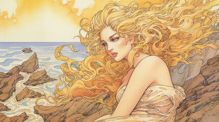 Sticker - blonde sensual woman floral summer by the sea - by generative ai