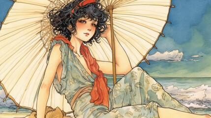 Wall Mural - drawing of a lady with a parasol - by generative ai