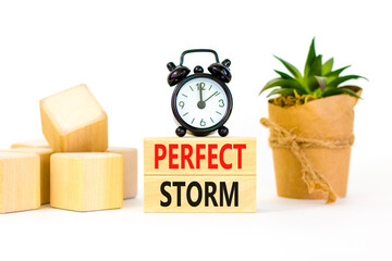 Perfect storm symbol. Concept words Perfect storm on beautiful wooden block. Beautiful white table white background. Black alarm clock. Business and Perfect storm concept. Copy space.