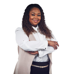 corporate black woman in portrait, smile with arms crossed isolated on transparent, png background. 