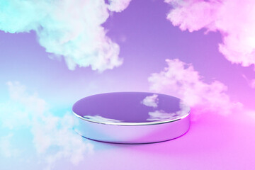 podium infinite background and smoke clouds. silver metall pedestal for beauty, cosmetic product presentation. copy space template, 3D Illustration