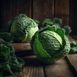 Green cabbage on a wooden table
