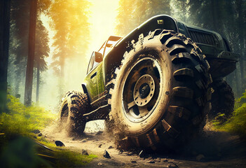 Bigfoot SUV wheel. The wheel of an all-terrain vehicle that rides through forest mud. AI generative.