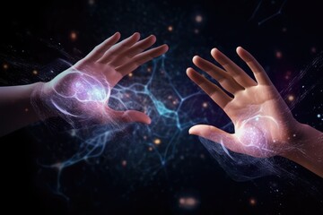 Wall Mural - Hands in a digital universe background