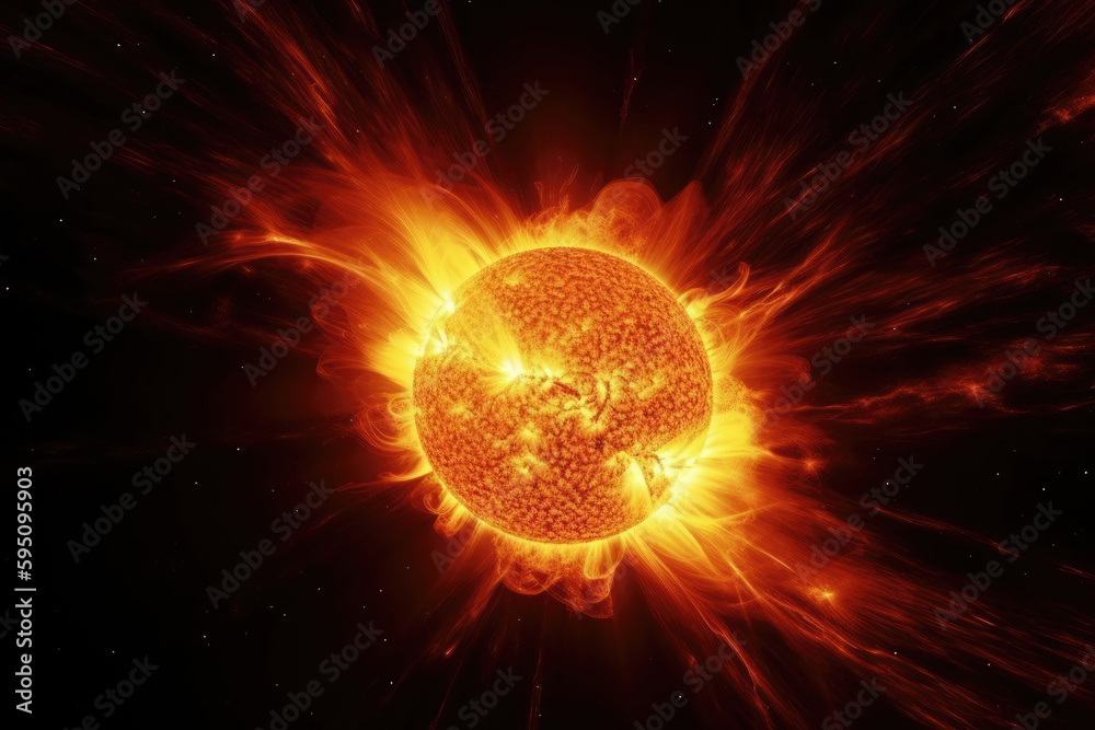 Surface of sun with prominences, solar radiation. Solar plasma flames ...