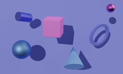 Poster - Lilac abstract background with cylinder, cube and sphere. 3d rendering