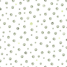 Green Small Scale Doodle Paw Prints. Seamless Fabric Design Pattern