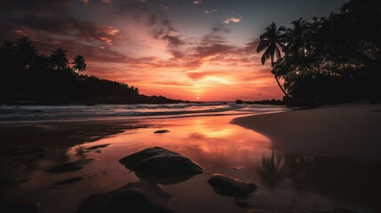 A beautiful beach landscape low angle photo taken during stunning sunset, golden hour sea shore with palm trees silhouettes, created using Generative AI technology