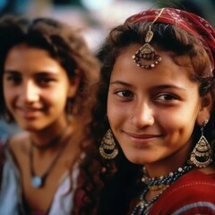 Wall Mural - Smiling Romani  young women looking at the camera. Generative AI