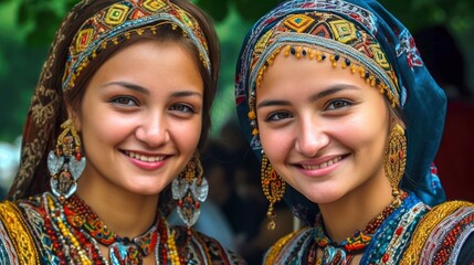 Canvas Print - Smiling central asian young women looking at the camera. Generative AI