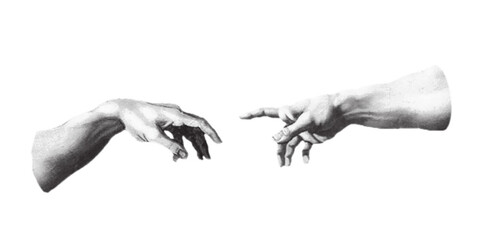 Halftone collage hands reaching out in touch, creation scene. Retro pop art magazine cutout shape in dotted style, human arm dithered texture.