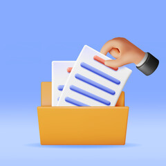 Poster - 3D Business Hand with Folder Full of Papers Isolated. Render Yellow Folder for Correspondence, File for Paper Documents. Open Folder Icon, Manila Archive Case or Ring Binder. Vector Illustration