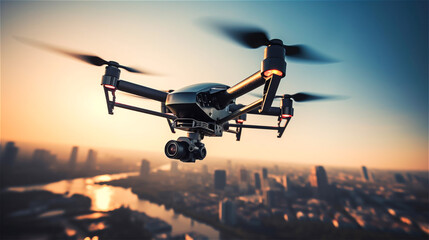 small drone with camera flies over a city in a surveillance role, gerenative ai