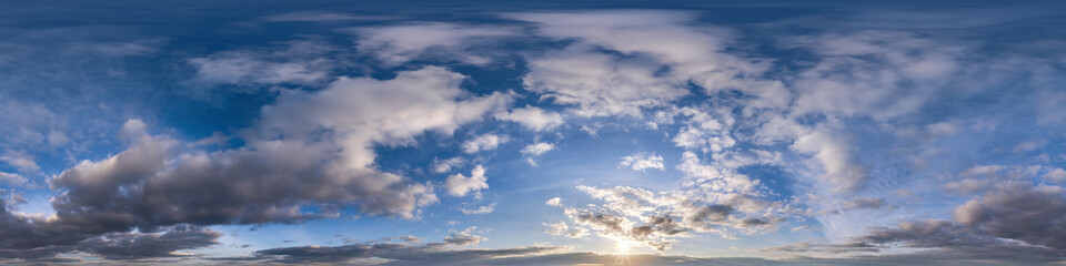 Wall Mural - sunset skydome with evening clouds as seamless hdri 360 panorama view with zenith in spherical equir