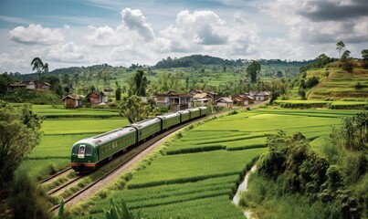 Poster -  a green train traveling through a lush green countryside under a cloudy sky.  generative ai