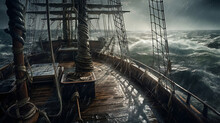 Storm At Sea, View From A Sailing Ship Deck. Old Pirate Ship Sailing The Sea In Storm. Generative AI