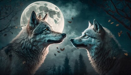 Naklejka na meble two wolves in the moonlight, generative ai