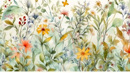 Flowers and grasses seamless watercolor wallpaper. Background for scrapbooking, crafts or art projects. 