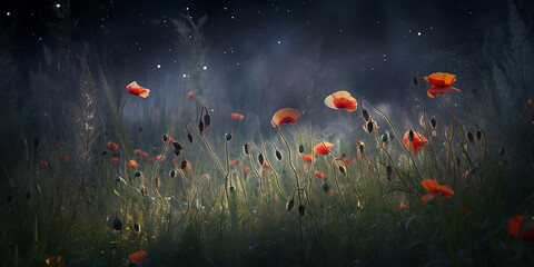 Wall Mural - Summer night, Fireflies landing on Wild poppies in moonlight, misty mood, Generative AI