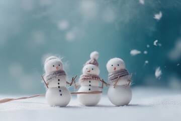 Wall Mural - three snowmen standing together in a winter landscape. Generative AI