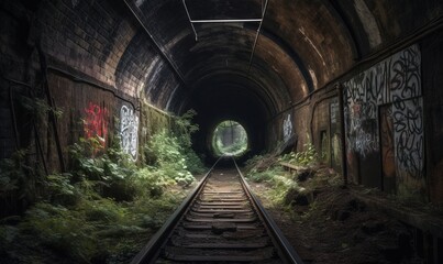 Canvas Print -  a train track going through a tunnel with graffiti on it.  generative ai