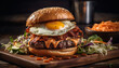 © Stockgiu - Grilled gourmet cheeseburger on rustic wooden plate generated by AI