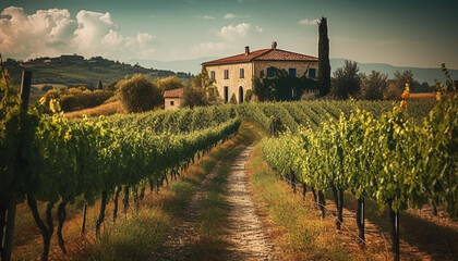 Poster - Sunset over vineyard, winery harvests autumn grapes generated by AI