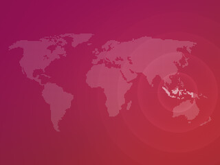Poster - Dotted halftone world map with the country of Indonesia highlighted. Modern and clean world map on a purplish to red color gradient background.