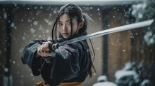 Young Asian Woman In Traditional Kimono Dress Making A Martial Art Pose With A Katana Sword, Close-up Portrait, Snowy Weather Ai, Ai Generative, Illustration