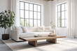 © TRINETTE + CHRIS - White and bright modern design living room white linen sofa and plant