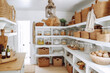 © Trinette Reed - Walk in organized food pantry closet in cozy cottage style home. Generative AI.