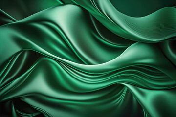 AI generated beautiful emerald green soft silk satin fabric background with waves and folds