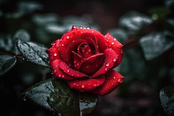 Sticker - vibrant red rose covered in glistening water droplets. Generative AI