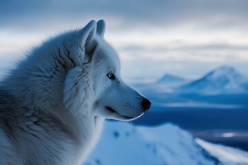 Wall Mural - majestic white wolf standing atop a snow-capped mountain. Generative AI