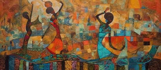 african woman dancing in the streets of a city, colorful painting, generative ai illustration