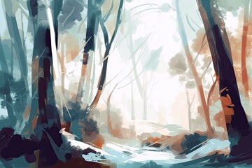 Sticker - serene forest stream flowing through a lush green landscape. Generative AI