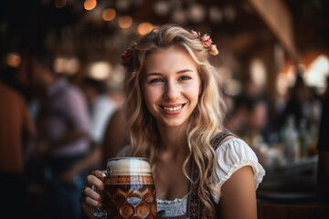 woman at oktoberfest with beer mug. Generative AI